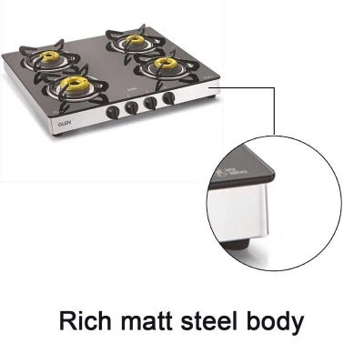 Glen CT1042GTFB 4 Burner Glass Gas Stove – 8mm Toughened Black Glass, Forged Brass Burners, 4mm Pan Supports, Matt SS Drip Tray & Manual/Auto Ignition
