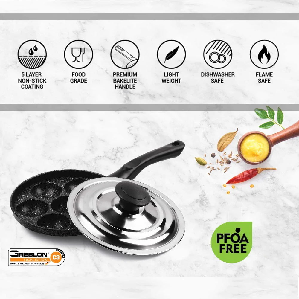 Milton ProCook Granito Appam Patra with Stainless Steel Lid | 7 Pit Non-Stick Appam Maker