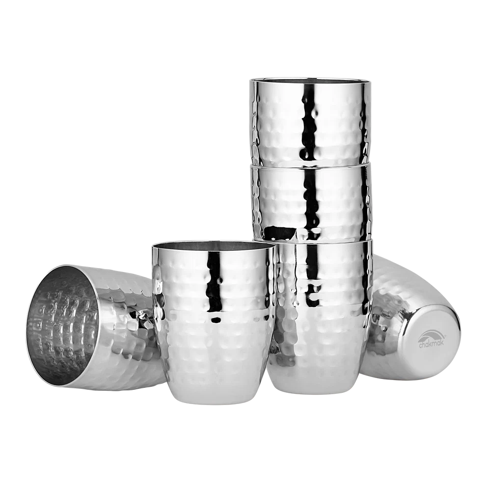 Chakmak Hammered Glass Set of 6 | 375 ml each | Stainless Steel Matka Glasses