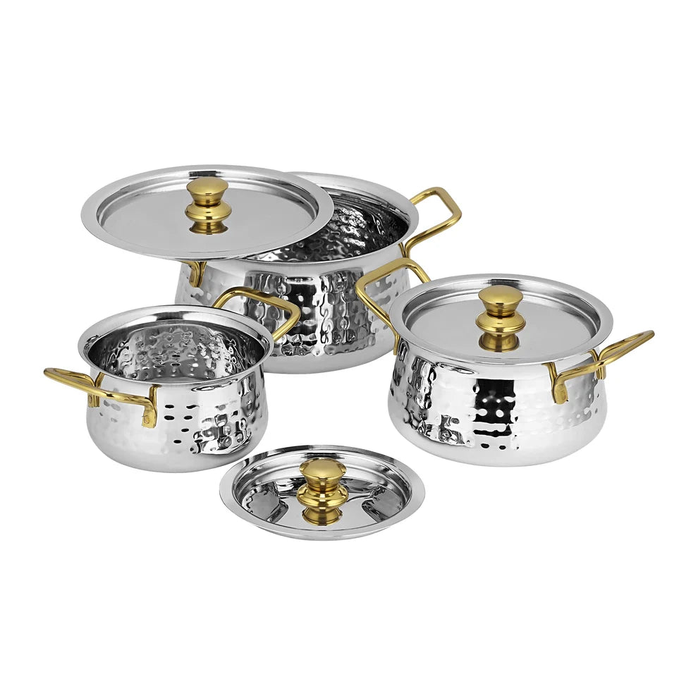 Chakmak Hammered Serving Handi Set of 3 | Stainless Steel with Gold PVD Handles
