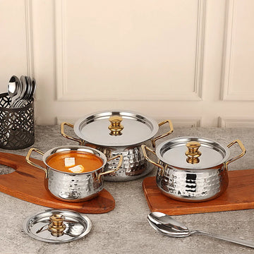 Chakmak Hammered Serving Handi Set of 3 | Stainless Steel with Gold PVD Handles