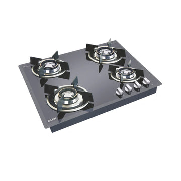 Glen 4 Burner Black Glass Hob Top 60 cm with Forged Brass Double Ring Burners, Auto Ignition