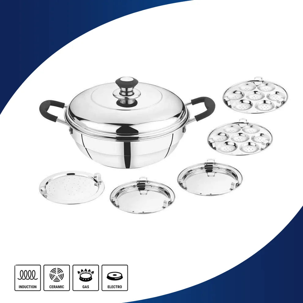 Chakmak Stainless Steel Multi Kadhai with 5 Plates | Induction & Gas Compatible