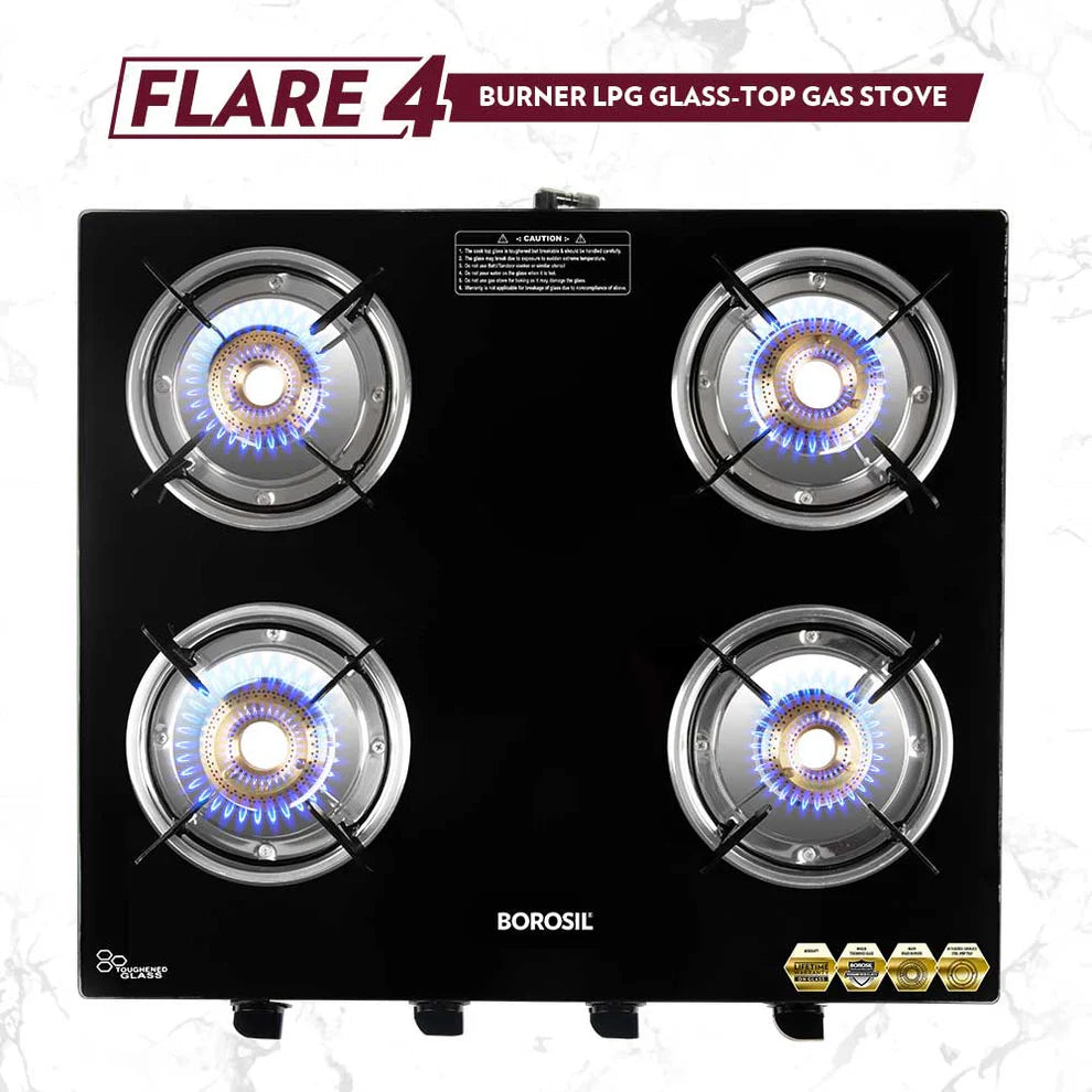Borosil Flare 4 Burner Glass Top Gas Stove