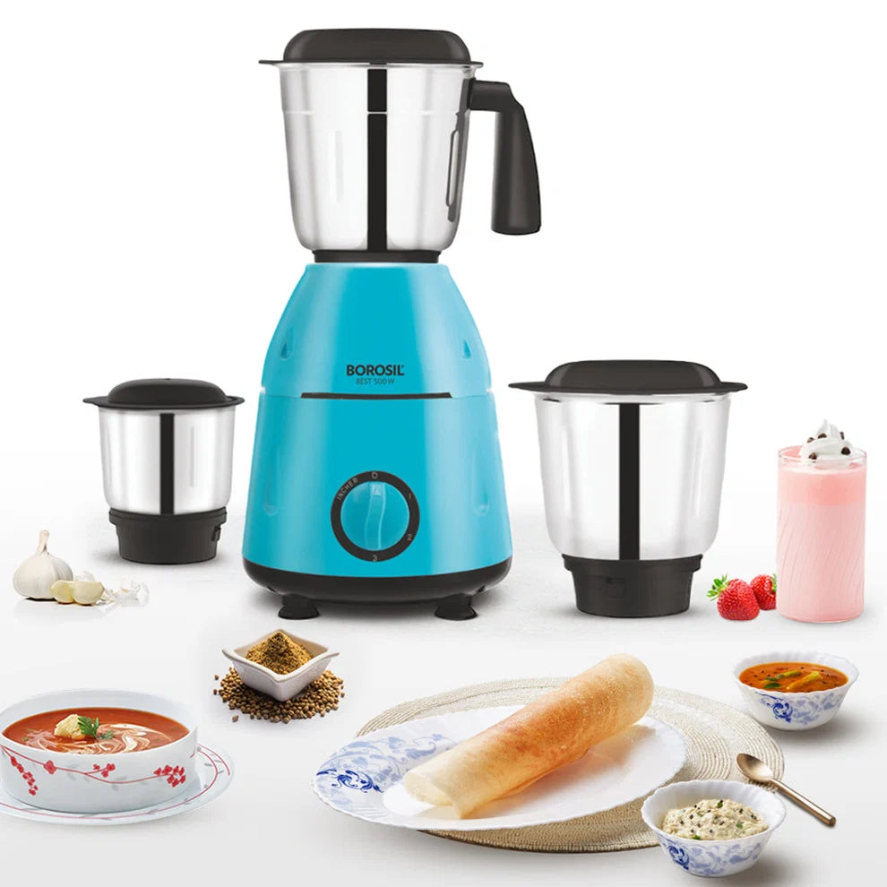 Borosil Best 500W Mixer Grinder – Blue with 3 Stainless Steel Jars