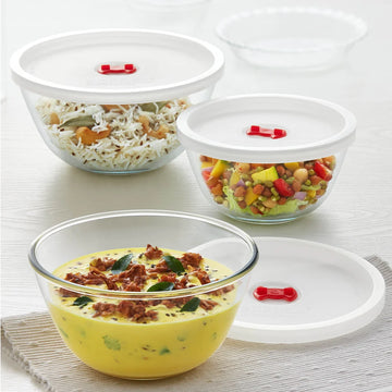 Borosil Mixing Glass Bowl with White Lid Set of 3 – 750 ml, 1 L & 1.5 L | Microwave & Oven Safe