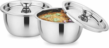 Chakmak Steel Pot with Lid Set of 2 | Stainless Steel Serving Bowls