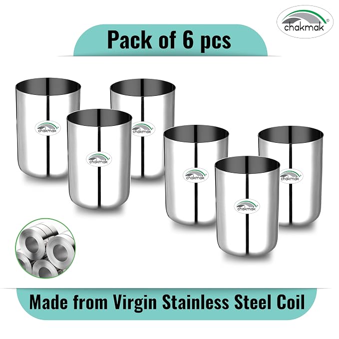 Chakmak Stainless Steel Tumbler Glass Set of 6 - Royal Glass